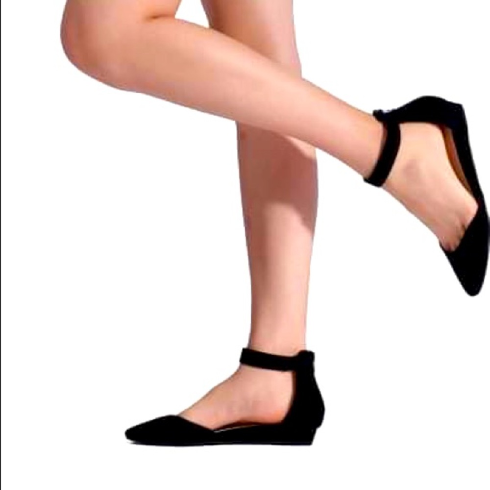 Black Low Wedge Ankle Strap Flat Shoes